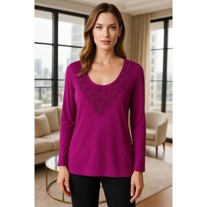 ST. JOHN Purple Knit Top Floral Appliqué Scoop Neck Long Sleeve Size M